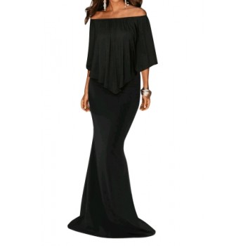 Black Off Shoulder Overlay Ruffle Evening Dress